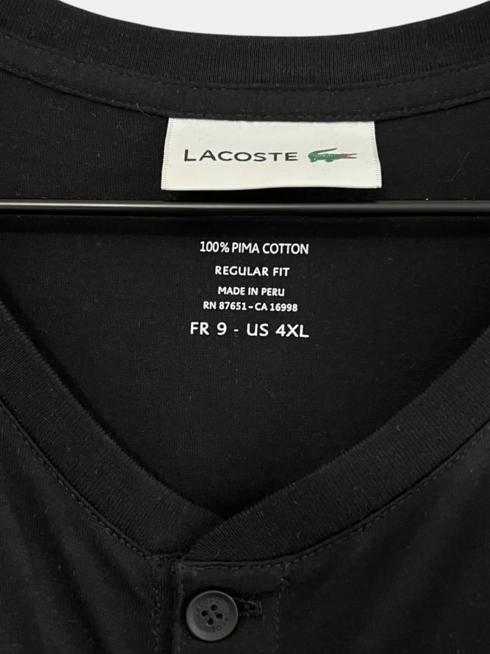 Lacoste Men's Henley T-Shirt 4XL Black Regular Fit Pima Cotton 3 Button NWT - Picture 3 of 6